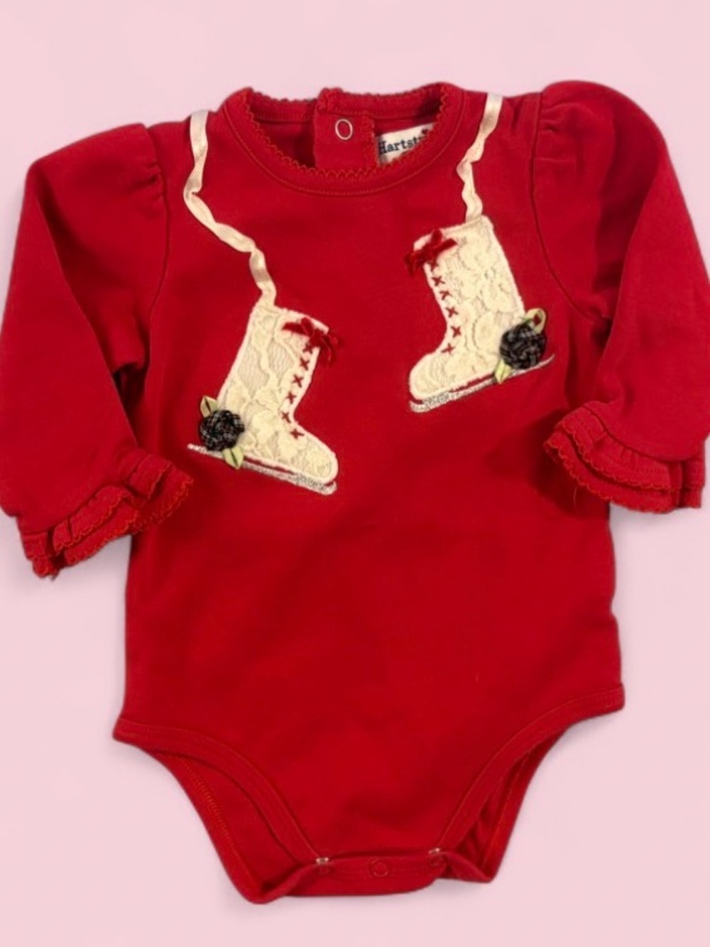 Hartstrings Baby Girl Ice Skate Appliqué Red Long Sleeve  Bodysuit Sz 6-9M